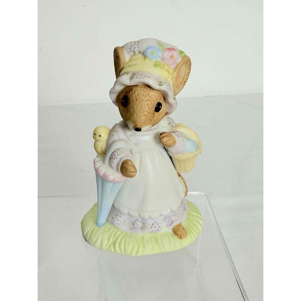 Enesco Vintage Country Calico Mice Figurine With Umbrella Porcelain